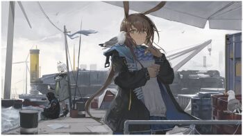 1boy 2girls amiya_(arknights) animal_ears arknights bird blue_eyes braid brown_hair cat_ears cloak coat doctor_(arknights) fishing_rod hashtag-only_commentary highres kal'tsit_(arknights) long_hair multiple_girls open_clothes open_coat rabbit_ears rabbit_girl rhodes_island_landship seagull short_hair siguma_(13238772100) white_hair