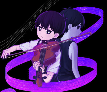 Rule 34 | 2boys, antenna hair, black sweater vest, black tank top, bow (music), bright pupils, closed mouth, collared shirt, colored skin, commentary request, double-parted bangs, dual persona, hair between eyes, highres, holding, holding bow (music), holding instrument, holding violin, instrument, looking at viewer, male focus, multiple boys, musical note, musical staff, omori, omori (omori), segue5o, shirt, short hair, short sleeves, sunny (omori), sweater vest, tank top, violin, white pupils, white shirt, white skin