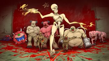 88alice arch-vile arm_cannon baron_of_hell blood blue_blood bull_demon cacodemon colored_blood corpse demon doom_(series) doom_ii emaciated frown green_eyes grin hell_knight hooves horns imp_(doom) kurashiki_nanka mancubus one_eye_closed pentagram pinky_demon red_eyes smile weapon yellow_eyes