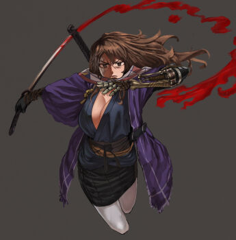 Rule 34 | 1girl, ashigara (kancolle), blood, blood splatter, bloody weapon, breasts, brown eyes, brown hair, burn scar, cleavage, commentary request, cosplay, fighting stance, graphite (medium), grey background, kantai collection, large breasts, long hair, looking at viewer, mechanical arms, ninja, ninjatou, no bra, pantyhose, photoshop (medium), prosthesis, prosthetic arm, reverse grip, revision, sakamoto kengo, scabbard, scar, scar across eye, scar on face, sekiro, sekiro: shadows die twice, sekiro (cosplay), sheath, short sword, single mechanical arm, solo, sword, traditional media, weapon, white pantyhose