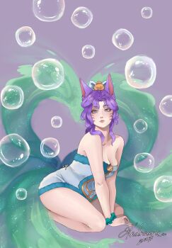 1girl absurdres ahri_(league_of_legends) androura animal_ears blue_eyes breasts bubble cleavage closed_mouth dated facial_mark fox_ears fox_girl green_tail highres kitsune league_of_legends purple_hair signature solo spirit_blossom_springs_ahri wristband