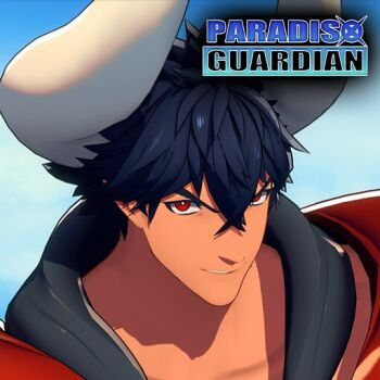 1boy 3d black_hair black_jacket blue_sky copyright_name dark-skinned_female dark_skin demon_boy demon_horns grin hood hooded_jacket horns jacket looking_at_viewer lvlv male_focus muscular muscular_male open_clothes open_jacket paradiso_guardian pointy_ears portrait red_eyes red_jacket shadowlord_(paradiso_guardian) short_hair simple_background sky smile solo spiked_hair upper_body