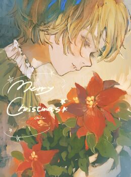 1girl blonde_hair blush commentary_request dress flower green_dress grey_eyes highres light_smile merry_christmas orie_h original parted_lips poinsettia red_flower short_hair solo upper_body