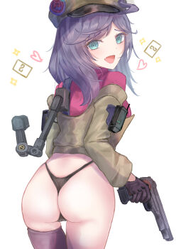 Rule 34 | absurdres, ass, black panties, black thighhighs, blue eyes, cameltoe, commentary request, fang, from behind, girls' frontline, girls' frontline 2: exilium, gun, handgun, hat, heart, highres, huge ass, ksenia (girls' frontline 2), martinreaction, mechanical arms, open mouth, panties, purple hair, red shirt, shirt, skin fang, stechkin (girls' frontline), stechkin aps, thighhighs, thong, underwear, weapon