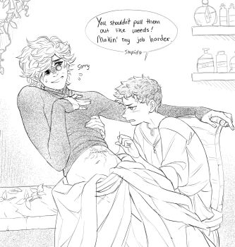 2boys age_difference between_fingers blush chair child english_text glasses greyscale hand_on_another's_chest hand_on_chair highres holding holding_needle leaf long_sleeves looking_at_another looking_at_viewer male_focus midriff monochrome multiple_boys navel needle needles_between_fingers onii-shota oyabuchu plant qifrey_(tongari_boushi_no_atelier) sitting speech_bubble suturing sweatdrop tartah_(tongari_boushi_no_atelier) tongari_boushi_no_atelier vines white_hair yaoi