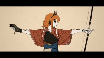 Rule 34 | 1girl, a.i. voice, adachi rei, alternate costume, android, archery, arrow (projectile), blue hakama, bow (weapon), brown background, closed mouth, firing, floating hair, gloves, hakama, headlamp, headphones, highres, holding, holding arrow, holding bow (weapon), holding weapon, index finger raised, japanese clothes, joints, kaniebiuni, kimono, kyuudou, letterboxed, looking to the side, manimani (vocaloid), medium hair, muneate, orange eyes, orange hair, outstretched arms, partially fingerless gloves, partly fingerless gloves, profile, radio antenna, red kimono, robot joints, serious, short sleeves, single glove, solo, spread arms, tasuki, upper body, utau, weapon, yugake, yumi (bow)