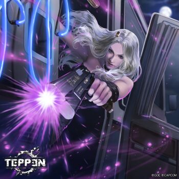 .45_acp 1girl blonde_hair blue_eyes capcom cloud devil_may_cry_(series) devil_may_cry_5 drive-by ebony_(devil_may_cry) full_moon gun handgun handgun_cartridge highres long_hair moon motor_vehicle neon_lights night official_art pistol pistol_cartridge shell_casing shiyuu_(shiyu) teppen trish_(devil_may_cry) van weapon