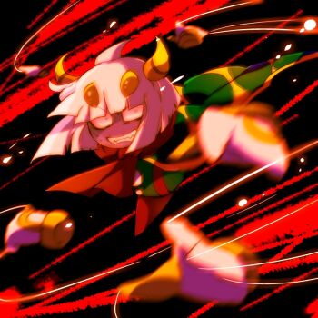 1boy ahoge ascot black_background blunt_bangs blunt_ends buttons cape clenched_teeth commentary_request disembodied_hand extra_eyes extra_hands frown gloves green_cape green_vest holding holding_string horns kirby_(series) looking_at_viewer nintendo no_humans red_ascot red_background sharp_teeth shirushiki short_hair solo string striped_cape sweat taranza teeth two-tone_background v-shaped_eyebrows vest white_gloves white_hair wide-eyed yellow_eyes yellow_horns yellow_trim