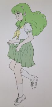 Rule 34 | 1girl, closed mouth, commentary, cone horns, full body, green eyes, green hair, green sailor collar, green skirt, green theme, grey background, highres, horns, long hair, lum, mizutani kenta, neckerchief, pleated skirt, pointy ears, sailor collar, school uniform, serafuku, shirt, shoes, short sleeves, simple background, skirt, skirt hold, smile, socks, solo, standing, urusei yatsura, white shirt, white shoes, white socks, yellow neckerchief