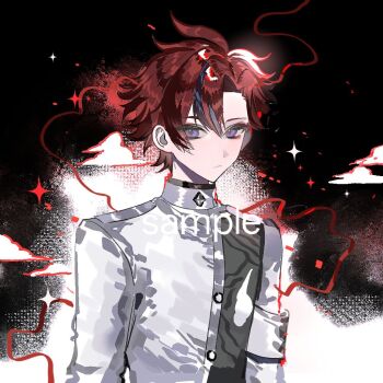 1boy :/ alternate_hairstyle armband black_hair blue_eyes chinese_commentary closed_mouth commentary commentary_request commission curtained_hair english_commentary hair_between_eyes jacket jt_dadi long_sleeves male_focus mixed-language_commentary multicolored_hair official_alternate_color red_hair sample_watermark short_hair solo streaked_hair sumino_takumi the_hundred_line_-last_defense_academy- two-tone_hair upper_body watermark white_armband white_jacket