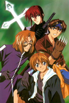 1990s_(style) 4boys absurdres black_coat blue_eyes brown_hair claw_(weapon) coat collarbone fujimiya_ran glasses gloves goggles goggles_on_head hidaka_ken highres hood hoodie jacket katana kudou_youji looking_at_viewer looking_over_eyewear magazine_scan male_focus multiple_boys non-web_source official_art orange_hair red_hair retro_artstyle scan shirt smile sword tsukiyono_omi weapon weiss_kreuz