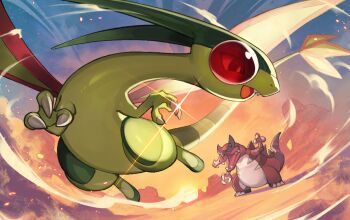 :d bright_pupils claws commentary_request flygon gen_3_pokemon gen_5_pokemon glint krookodile nintendo no_humans open_mouth outdoors pokemon pokemon_(creature) sky smile sunset teo_(telo_ruka) twilight