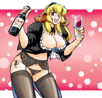 Rule 34 | alcohol, animal ears, azuki osamitsu, bad id, bad pixiv id, black panties, black thighhighs, blonde hair, breasts, cleavage, curvy, daiginjou, futaba channel, garter belt, garter straps, happy, large breasts, lingerie, looking at viewer, panties, side-tie panties, simple background, smile, solo, thighhighs, underwear, wine