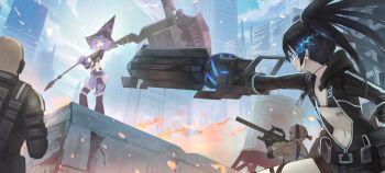 2boys 2girls arm_cannon armored_gloves axe barcode barcode_tattoo battle_axe belt bikini bikini_top_only black_hair black_jacket black_rock_shooter black_rock_shooter_(character) black_rock_shooter_(game) black_shorts city fire flaming_eye highres hood hooded_jacket jacket jade_(hisui_syou) long_hair mefe multiple_boys multiple_girls open_clothes open_jacket purple_eyes purple_hair rock_cannon short_hair shorts stella_(black_rock_shooter) swimsuit tattoo twintails uneven_twintails weapon