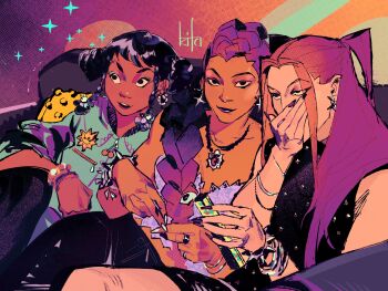 Rule 34 | 3girls, aqua shirt, artist name, bangle, bare shoulders, black hair, black shirt, bracelet, braid, covering own mouth, double bun, earrings, fingernails, hair bun, hair over shoulder, half updo, hand over own mouth, highres, huntrix, jewelry, kpop demon hunters, kurdupl, long fingernails, long hair, mira (kpop demon hunters), multiple bracelets, multiple girls, multiple rings, necklace, parted bangs, parted lips, pink hair, purple hair, ring, rumi (kpop demon hunters), shirt, short bangs, short hair, short twintails, single braid, sitting, smile, studded bracelet, twintails, upper body, very long hair, zoey (kpop demon hunters)