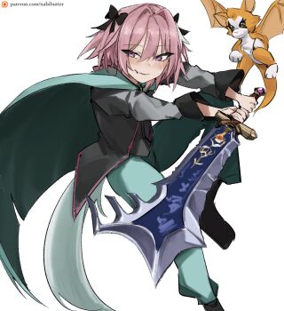 1boy androgynous artist_name black_boots black_bow blush boots bow cape commentary crossover dust:_an_elysian_tail english_commentary eyes_visible_through_hair fang fang_out fidget_(dust:_an_elysian_tail) green_cape green_pants grey_jacket hair_between_eyes hair_bow hair_intakes highres holding holding_sword holding_weapon jacket long_sleeves looking_at_viewer male-female_symbol multicolored_hair pants patreon_logo patreon_username pink_eyes pink_hair simple_background single_hair_streak skin_fang smile solo sword two-tone_hair weapon white_background white_hair xcider