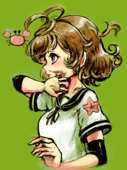 ahoge black_sailor_collar brown_eyes brown_hair crab dirty dirty_face elbow_pads fujinozu green_background kantai_collection oboro_(kancolle) profile sailor_collar school_uniform serafuku short_hair starfish upper_body wiping_face