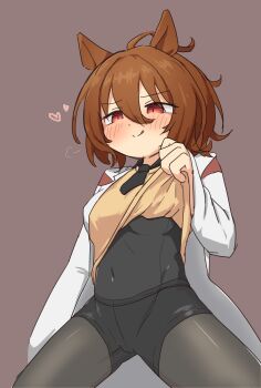Rule 34 | 1girl, :q, absurdres, agnes tachyon (tach-nology) (umamusume), agnes tachyon (umamusume), ahoge, animal ears, black necktie, blush, bodystocking, brown background, brown hair, coat, commentary request, covered navel, hair between eyes, heart, highres, horse ears, horse girl, huge ahoge, lab coat, lifting own clothes, long sleeves, medium hair, necktie, red eyes, rotasu (rotasqqfv), short necktie, solo, sweater, tongue, tongue out, umamusume, white coat, yellow sweater