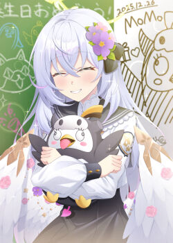 1girl absurdres azusa_(blue_archive) black_dress blue_archive blush closed_eyes commentary_request dress feathered_wings flower flower_ornament grin hair_flower hair_ornament halo happy highres hugging_object long_hair pink_flower purple_flower retora_26 shirt smile solo upper_body very_long_hair white_shirt white_wings wings yellow_halo