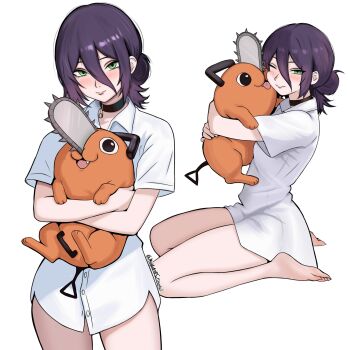 absurdres bare_legs barefoot commentary english_commentary green_eyes hair_between_eyes highres hug hugging_doll hugging_object light_smile medium_hair mothdropcrowla pochita_(chainsaw_man) reze_(chainsaw_man) shirt simple_background white_shirt