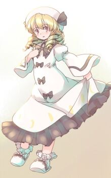 1girl black_bow black_bowtie blonde_hair blush bow bowtie brown_background collared_dress commentary_request dress drill_hair frilled_dress frills full_body hat hat_ribbon juliet_sleeves long_sleeves luna_child medium_hair moon_phases moon_print one-hour_drawing_challenge open_mouth puffy_sleeves rangycrow red_eyes ribbon shoes solo touhou white_dress white_hat white_shoes