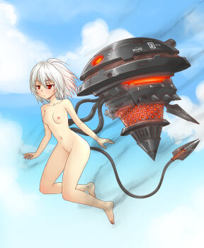1girl :| barefoot blue_sky breasts closed_mouth cloud collarbone command_&amp;_conquer command_&amp;_conquer:_red_alert command_&amp;_conquer:_red_alert_2 completely_nude double-parted_bangs floating floating_hair flying from_side full_body libra_(mental_omega) light_blush machine machinery mechanical_tail mental_omega_(mod) navel nipples nude outdoors petite short_hair skechplezures sky small_breasts smoke smoke_trail solo tail thighs toes white_hair