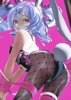 1girl animal_ears ass backless_outfit bare_shoulders bent_over black_leotard blue_hair breasts closed_mouth clothing_cutout commentary_request cowboy_shot cuffs drill_hair fake_animal_ears fake_tail fishnet_pantyhose fishnets from_behind handcuffs hatsune_miku heart heart-shaped_pupils heart_cutout highres hxk4_n leotard looking_at_viewer looking_back multicolored_hair pantyhose pink_hair playboy_bunny purple_background purple_eyes rabbit_ears rabbit_hole_(vocaloid) rabbit_tail simple_background solo symbol-shaped_pupils tail tongue tongue_out twin_drills twintails two-tone_hair vocaloid