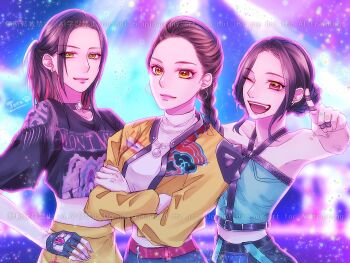 Rule 34 | 3girls, animification, aoi toramatsu, artist name, black choker, black gloves, black shirt, blue tube top, braid, brown eyes, chaeyoung (twice), choker, cosplay, cropped shirt, earrings, english text, fang, fingerless gloves, flat chest, gloves, hair behind ear, halterneck, huntrix, jacket, jeongyeon (twice), jewelry, jihyo (twice), k-pop, kpop demon hunters, looking at viewer, midriff, mira (kpop demon hunters), mira (kpop demon hunters) (cosplay), mole, mole under mouth, multiple girls, multiple rings, one eye closed, pointing, pointing at viewer, real life, ring, rumi (kpop demon hunters), rumi (kpop demon hunters) (cosplay), shirt, skirt, smile, strapless, tube top, twice (group), voice actor connection, watermark, yellow eyes, yellow jacket, yellow skirt, zoey (kpop demon hunters), zoey (kpop demon hunters) (cosplay)