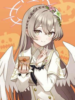 1girl bag blue_archive brown_eyes brown_hair closed_mouth dress flower gesupi_(provlemsolver57) hair_flower hair_ornament halo highres holding holding_bag long_hair long_sleeves nagisa_(blue_archive) paper_bag pink_flower smile solo upper_body white_dress white_flower white_halo white_wings wings