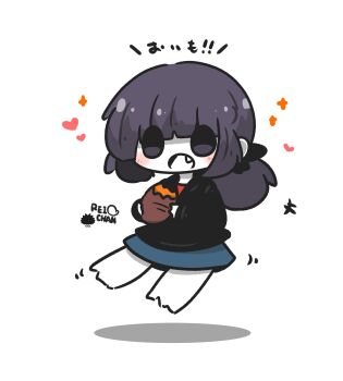 +++ 1girl black_shirt blue_skirt blush_stickers character_name colored_skin commentary_request dissolving fang food full_body heart highres holding holding_food long_hair looking_at_viewer low_ponytail motion_lines open_mouth original ponytail purple_eyes purple_hair roasted_sweet_potato sea_urchin shadow shirt simple_background skirt solo sparkle sweet_potato translation_request uni_souchou white_background white_skin