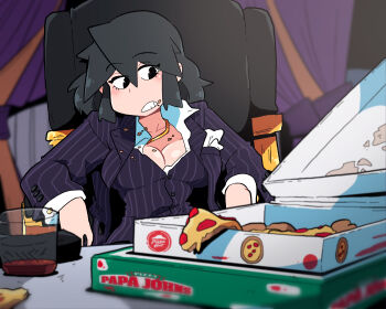 Rule 34 | 1girl, black eyes, black hair, blurry, blurry background, breasts, chair, cleavage, collared shirt, cup, curtains, food, food on body, food on face, highres, jacket, jewelry, lucia (scott malin), medium breasts, medium hair, necklace, original, papa john's, parody, parted lips, pepperoni, pepperoni pizza, pizza, pizza box, pizza slice, scarface, scott malin, shadow, shirt, solo, striped clothes, striped jacket, striped vest, vest, white shirt