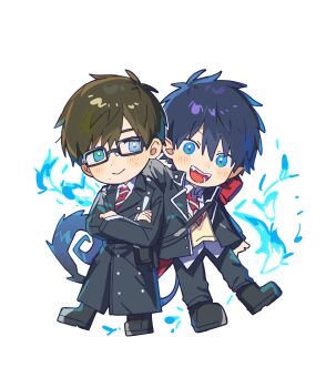 Rule 34 | 2boys, ao no exorcist, black-framed eyewear, black coat, black hair, black jacket, black pants, black shoes, blue eyes, blue fire, blush, brothers, brown hair, closed mouth, coat, collared shirt, crossed arms, diagonal-striped clothes, diagonal-striped necktie, fire, full body, glasses, highres, jacket, lapels, looking to the side, male focus, multiple boys, necktie, nishiki niji, notched lapels, okumura rin, okumura yukio, open clothes, open jacket, open mouth, pants, parted bangs, rectangular eyewear, shirt, shoes, short hair, siblings, sideways glance, smile, striped clothes, tail, twins, white background, white shirt, wing collar