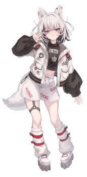 1girl :3 absurdres animal_ears baggy_clothes black_hair black_jacket black_shirt blue_eyes claw_pose dog_ears dog_girl dog_tail full_body highres jacket jewelry kmnz long_sleeves looking_at_viewer loose_socks medium_hair midriff multicolored_hair multicolored_jacket navel necklace open_clothes open_jacket pendant platform_shoes rei_(9086) shirt shoes shorts simple_background smile socks tail tina_(kmnz) two-tone_hair two-tone_jacket two_side_up virtual_youtuber white_background white_hair white_jacket white_shorts