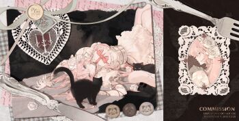 Rule 34 | 1girl, absurdres, arms up, belt, black cat, border, breast strap, breasts, cat, cleavage, commentary, commission, cross, dated, dress, feet out of frame, flower, fork, frilled dress, frills, from behind, grey eyes, hair flower, hair ornament, hair spread out, half-closed eyes, head chain, highres, jewelry, knife, large breasts, limogoat11, long hair, lying, multiple cats, on back, original, ornate border, painting (object), parted lips, pink dress, pink hair, portrait, postage stamp, postcard, profile, red ribbon, ribbon, ribbon between breasts, sidelocks, solo, spiked belt, wax seal, white flower