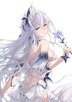 1girl back blue_eyes breasts dress feet_out_of_frame flower fuuro_(johnsonwade) highres holding holding_flower large_breasts long_hair looking_back original simple_background solo standing white_background white_dress white_hair