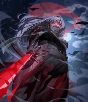 1girl armor armored_bodysuit black_bodysuit blood blood_on_clothes blood_on_face blood_on_sword bodysuit breasts brown_bodysuit commentary_request from_below full_moon goddess_of_victory:_nikke grey_hair halo highres holding holding_sword holding_weapon ie_101298631_(artist) katana long_hair looking_at_viewer moon night red_eyes red_halo scarlet_(black_shadow)_(nikke) scarlet_(nikke) shoulder_armor solo sword tongue tongue_out weapon