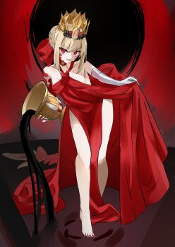 1girl ahoge bare_shoulders barefoot blonde_hair braid breasts chalice commentary_request crown cup dragon_tail dress elbow_gloves facial_mark fate/grand_order fate_(series) full_body gloves hair_bun hair_intakes hair_ribbon looking_at_viewer medium_hair nero_claudius_(fate) open_mouth pointy_ears queen_draco_(fate) queen_draco_(first_ascension)_(fate) red_dress red_eyes red_ribbon ribbon scales single_glove small_breasts smile solo tail white_gloves yugusan5