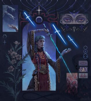 2girls arnaerr blue_hair character_request clothing_request crescent dress elden_ring eyeshadow facepaint floating floating_object floating_weapon flower hair_ornament highres long_hair long_sleeves magic makeup multiple_girls ranni_the_witch snake sword twintails weapon