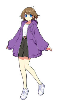 1girl :o black_shorts blue_eyes brown_hair commentary highres hood hood_down hooded_jacket jacket kanemitsu411 looking_at_viewer open_clothes open_jacket original parted_lips purple_jacket shirt shirt_tucked_in shoes short_hair shorts simple_background solo standing white_background white_shirt white_shoes