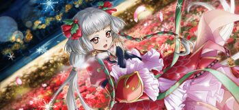 1girl black_gloves blush christmas code_geass code_geass:_lost_stories dress f4samurai gloves grey_hair happy highres long_hair long_sleeves official_art open_mouth red_dress sidelocks smile solo tianzi two_side_up very_long_hair white_hair