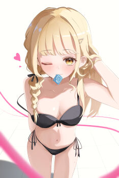 1girl ;) absurdres alternate_costume arm_up armpits bikini black_bikini blonde_hair blurry blush braid commentary condom condom_wrapper depth_of_field fujita_kotone gakuen_idolmaster groin hand_in_own_hair heart highres idolmaster kataoka_erika long_hair looking_at_viewer mouth_hold navel one_eye_closed side-tie_bikini_bottom single_braid smile solo stomach strap_slip swimsuit yellow_eyes