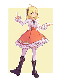 1girl absurdres ahoge anisphia_wynn_palettia black_bow black_ribbon blonde_hair boots border bow closed_mouth frilled_skirt frilled_sleeves frills full_body green_eyes hair_ribbon high-waist_skirt highres index_finger_raised jacket knee_boots long_sleeves looking_at_viewer medium_hair neck_ribbon open_clothes open_jacket orange_skirt ribbon rnna shirt skirt smile solo standing standing_on_one_leg tensei_oujo_to_tensai_reijou_no_mahou_kakumei thighhighs two-tone_background white_border white_jacket white_shirt white_thighhighs yellow_background zettai_ryouiki