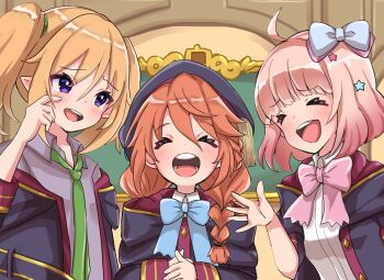 Rule 34 | 3girls, :d, ahoge, akane (akane112234), black jacket, blonde hair, blue bow, blue bowtie, blush, bow, bowtie, braid, chieru (princess connect!), chloe (princess connect!), closed eyes, collared shirt, commentary request, double-parted bangs, friendship club (princess connect!), green necktie, grey shirt, hair between eyes, hand up, highres, jacket, long hair, long sleeves, multiple girls, necktie, open clothes, open jacket, open mouth, pink bow, pink bowtie, pink hair, princess connect!, purple eyes, shirt, short hair, single braid, smile, teeth, twintails, upper body, upper teeth only, white shirt, yuni (princess connect!)