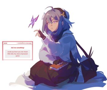 Rule 34 | 1girl, ahoge, bag, beret, black gloves, black skirt, blue hair, bug, butterfly, coat, commentary, crmnlmlfhntr, english commentary, fingerless gloves, flower, gloves, griseo, griseo (starry impression), hair flower, hair ornament, hat, highres, honkai (series), honkai impact 3rd, insect, long hair, purple eyes, request inset, shoulder bag, simple background, skirt, solo, very long hair, white background, white coat