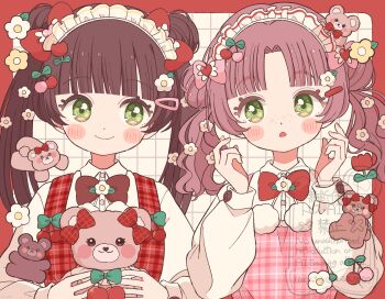 2girls blunt_bangs blush_stickers border bow bowtie brown_bow brown_bowtie brown_hair cherry_hair_ornament closed_mouth collared_shirt commentary double_bun eeppa flower food-themed_hair_ornament green_eyes grid_background hair_bun hair_flower hair_ornament hands_up highres holding holding_stuffed_toy long_hair long_sleeves looking_at_another multiple_girls open_mouth original outside_border parted_bangs pink_vest plaid_clothes plaid_vest pom_pom_(clothes) red_border red_bow red_bowtie red_flower red_tulip red_vest shirt smile stuffed_animal stuffed_toy teddy_bear tulip twintails upper_body vest watermark white_background white_flower white_shirt