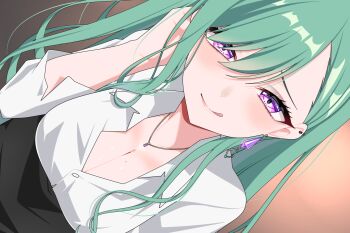 1girl :q black_skirt breasts button_gap buttons cleavage closed_mouth collared_shirt commentary_request dress_shirt dutch_angle ear_piercing earrings green_hair hair_between_eyes hand_up highres jewelry large_breasts leaning_forward long_hair long_sleeves looking_at_viewer mole mole_on_breast necklace office_lady omas_lie piercing purple_eyes shirt skirt smile solo straight_hair tongue tongue_out virtual_youtuber vspo! white_shirt yakumo_beni