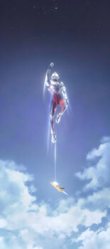 1boy absurdres aircraft airplane alien arm_up armor blue_sky breastplate clenched_hands cloud cloudy_sky color_timer colored_skin commentary compound_eyes crystal day dorsal_fin fighter_jet figure_(medium) flying forehead_jewel full_body giant giant_male glowing glowing_eyes gradient_sky guts_wing highres knee_up looking_up love894anon male_focus military_vehicle multicolored_skin no_pupils outdoors pectorals photo_(medium) purple_skin red_skin sh_figuarts silver_skin sky solo space star_(sky) starry_sky tokusatsu toned toned_male ultra_series ultraman_tiga ultraman_tiga_(multi_type) ultraman_tiga_(series) white_eyes wrinkled_skin