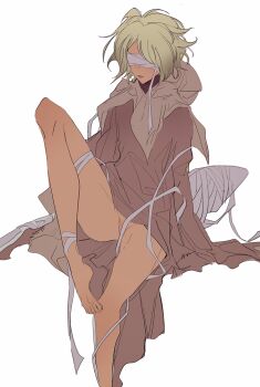 Rule 34 | 1boy, androgynous, bandages, barefoot, blindfold, blonde hair, bottomless, cuntboy, dark skin, long sleeves, male focus, original, partially visible vulva, peekamine, robe, sitting, sleeves past wrists, white background