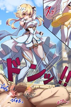 1boy 1girl 3d 3d_background absurdres arm_up ball_busting bdsm blonde_hair blush boots cbt censored cloud commentary_request crotch_stomping cum detached_sleeves dress ejaculation femdom fighting_stance fingerless_gloves flower frilled_dress frills furrowed_brow genshin_impact gloves hair_between_eyes hair_flower hair_ornament highres leg_up long_sleeves looking_at_another looking_down lumine_(genshin_impact) martial_arts mosaic_censoring motion_lines open_mouth outdoors pain penis sadism scarf short_hair_with_long_locks sidelocks sky sleeveless sleeveless_dress sound_effects spread_legs stomping sweat testicles thigh_boots thighhighs thighs violence white_dress white_flower white_footwear white_gloves white_neckwear white_scarf yagami_(mukage) yellow_eyes