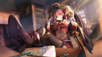 1girl :q absurdres aritsuno arrow_through_heart bicorne blurry bodystocking book bookshelf boots breasts chair character_pillow coat computer covered_navel crossed_legs cup depth_of_field eyepatch flag gloves gold hair_ribbon hat highres hololive houshou_marine large_breasts leotard leotard_under_clothes light_particles manga_(object) marker minato_aqua monitor murasaki_shion off_shoulder office_chair pirate_hat pleated_skirt poster_(object) poyoyo_(nakiri_ayame) red_eyes red_hair ribbon see-through_clothes see-through_leotard shinguuji_sakura shiranui_flare shirogane_noel shoe_soles sketchbook skirt skull solo sunlight swivel_chair table thighhighs tongue tongue_out twintails usada_pekora virtual_youtuber white_gloves youtube_creator_award